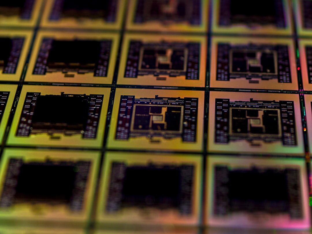 Close-up of an AI processor chip with blue lighting
